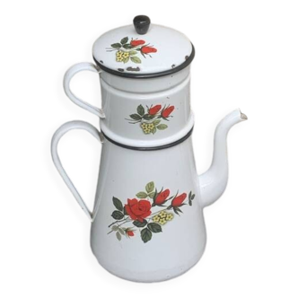 Coffee pot, in enamelled iron with patterns of red roses and white flowers, with filter, old