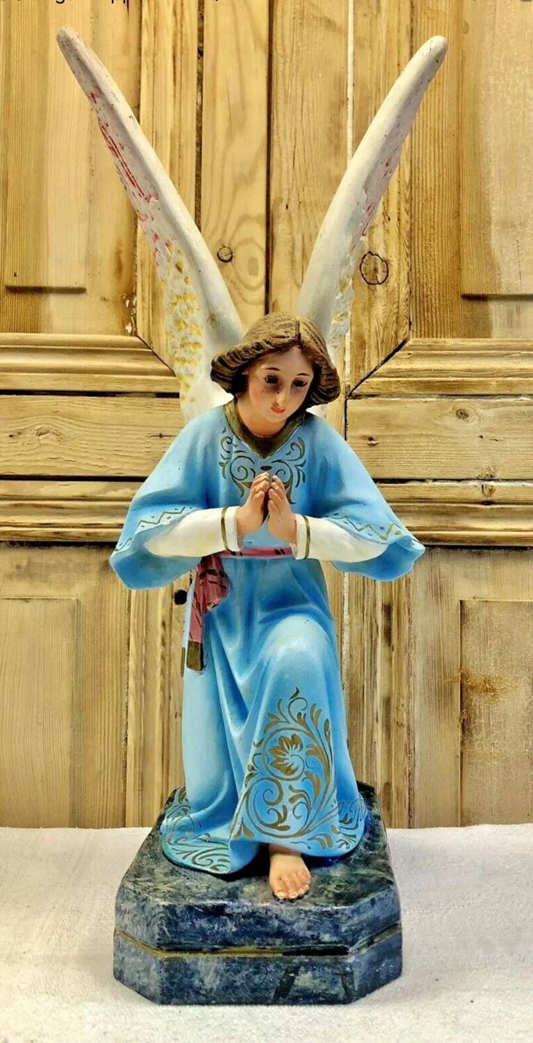 Large altar angel 42.5 cm plaster church statue sulphide eyes XIX