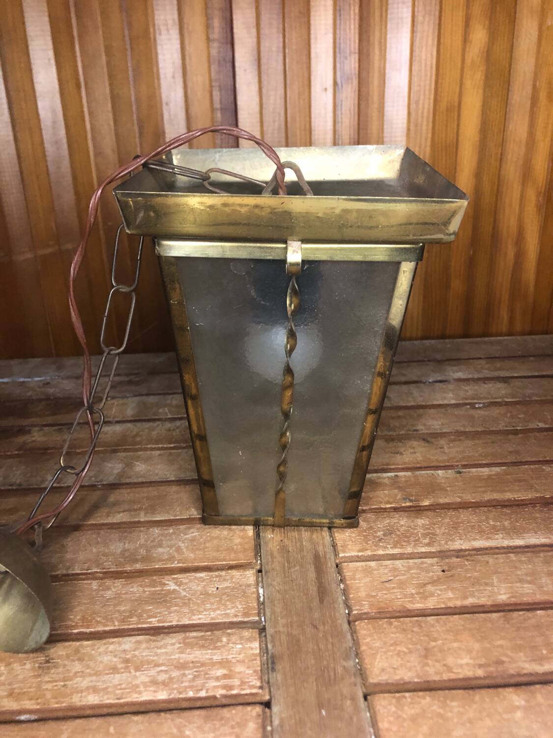 Old brass lantern pendant lamp + vintage glass plate #a592