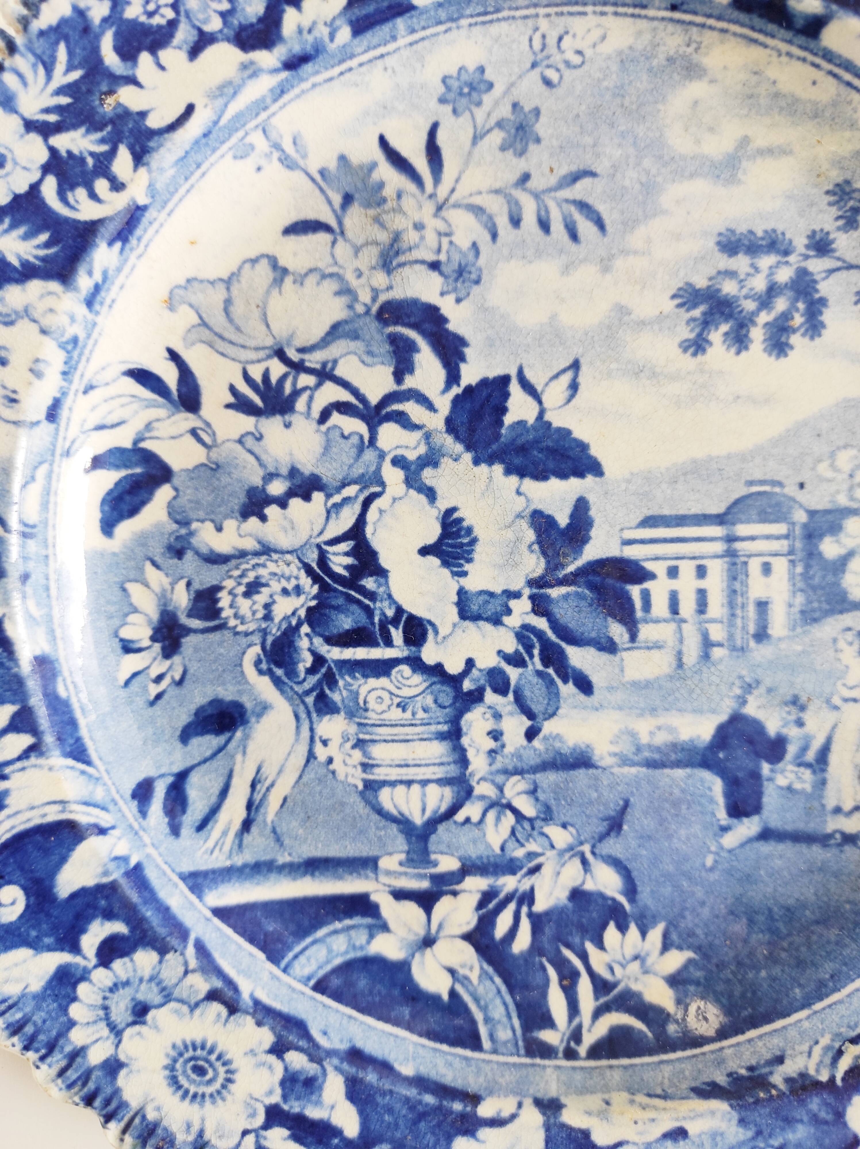 Five 19th century Calais earthenware plates with a romantic gallant couple decor