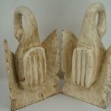Two wall lamps in carved and lacquered cream wood, representing swans
