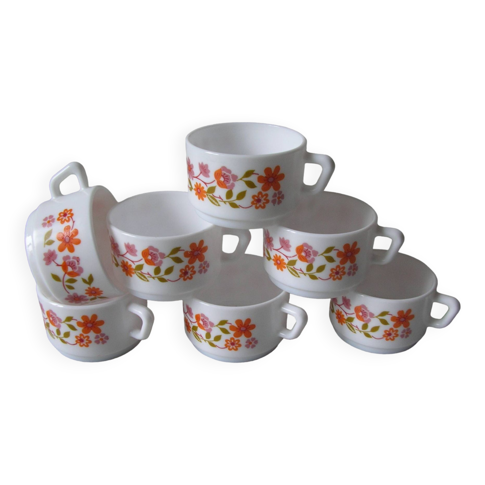 Set of 7 old Arcopal cups scania floral decor 1970s/80s retro kitchen decor