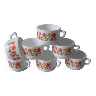 Lot de 7 anciennes tasses Arcopal décor floral scania années 1970/80 déco rétro cuisine