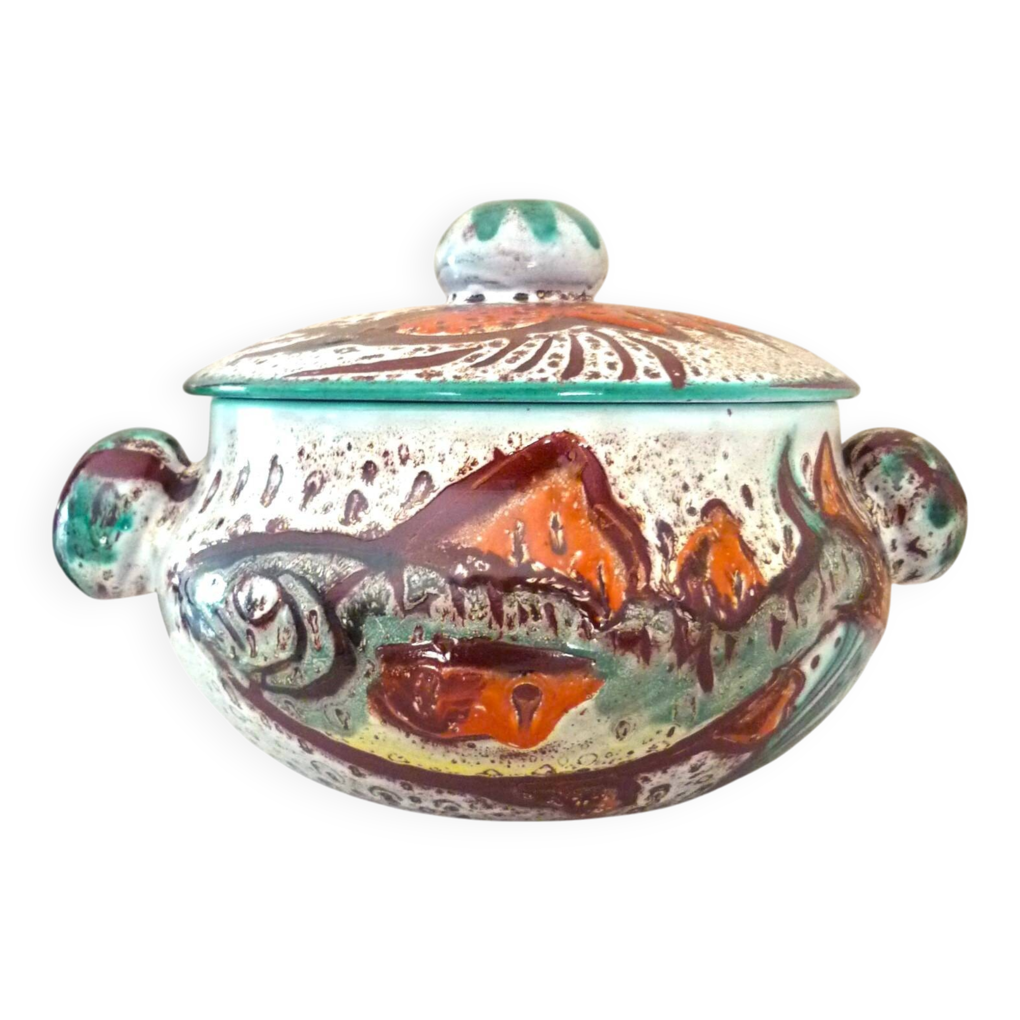 Soupière, plat, céramique émaillée Vallauris, poisson, crustacés, algues