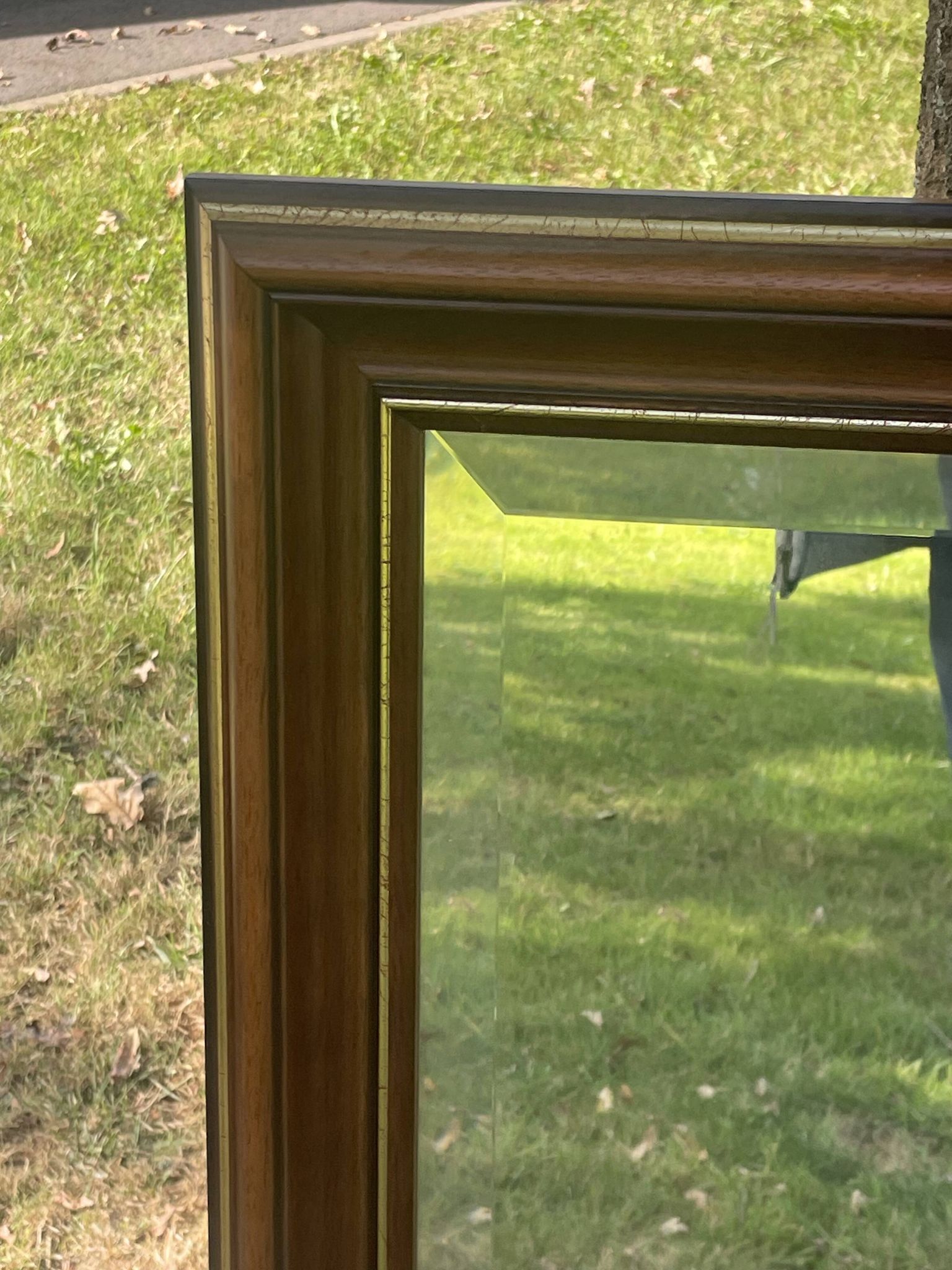 Large natural wood moulding mirror, gold fillet highlight, bevelled mirror, (La Gatvinière)