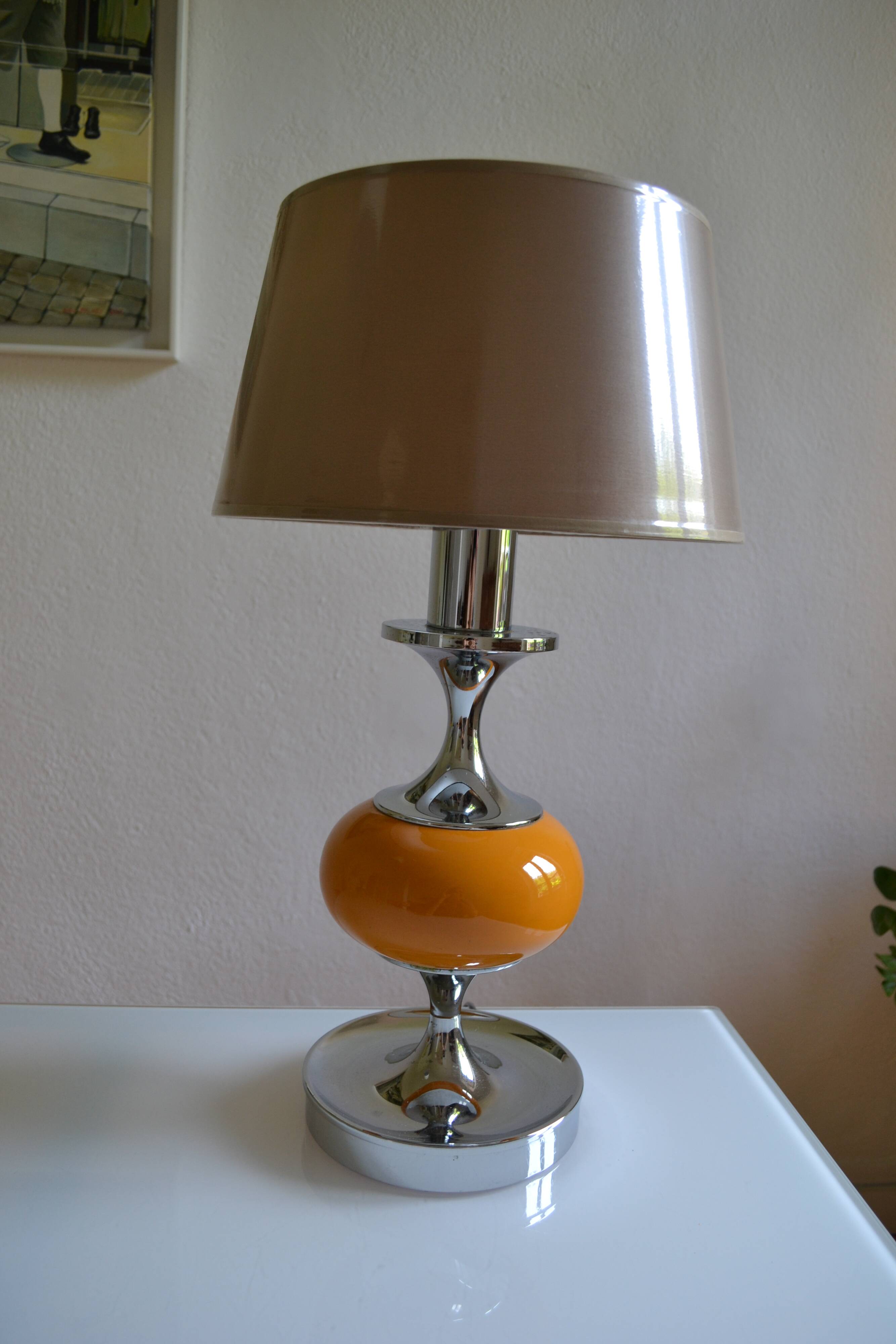 Vintage lamp base yellow and chrome metal circa 1970