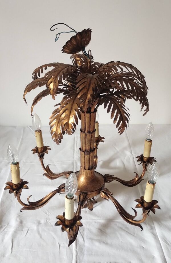 Lustre palmier à 6 branches vintage métal doré année 70