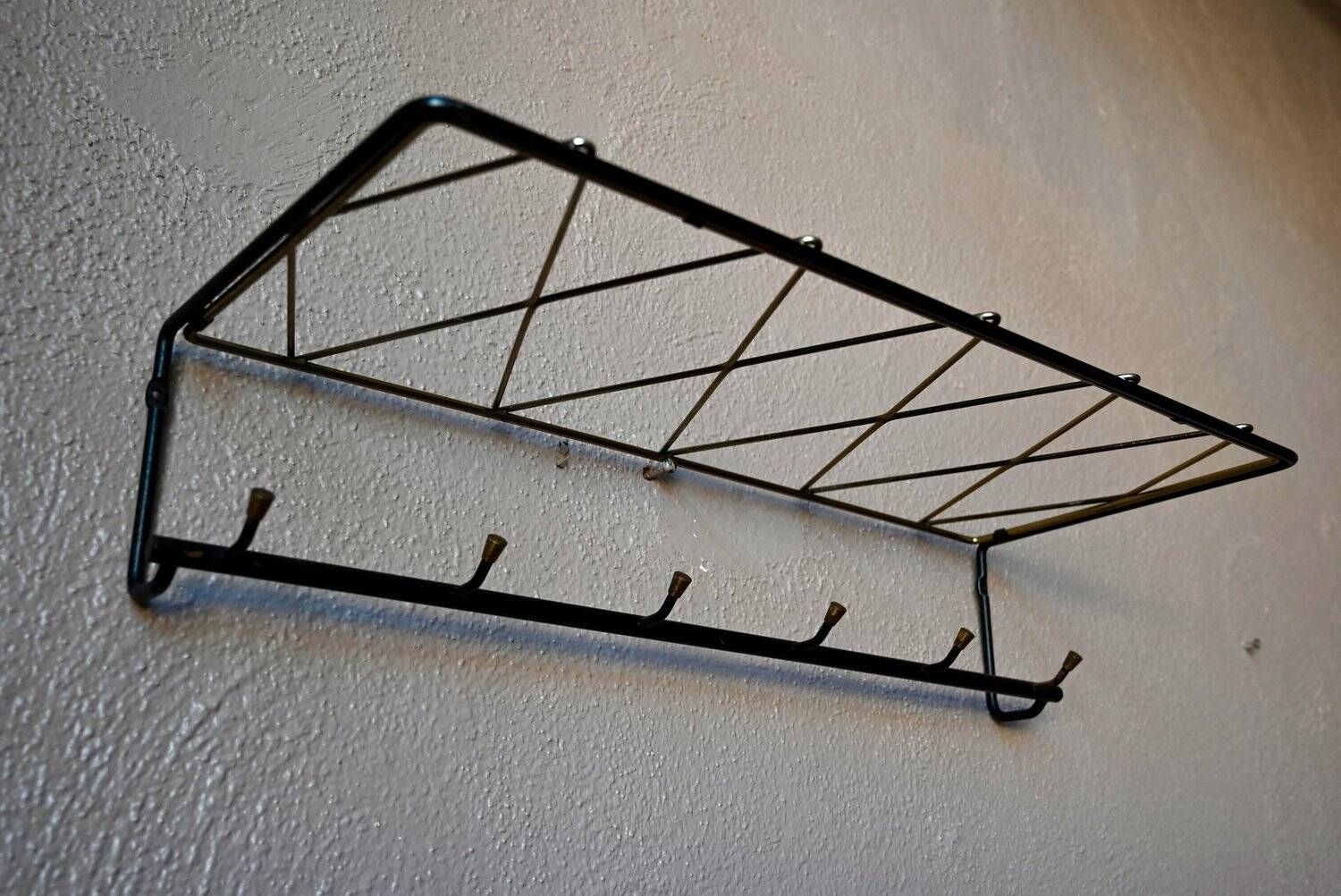 Vintage retro wall coat rack – Black metal & brass Mid-Century design
