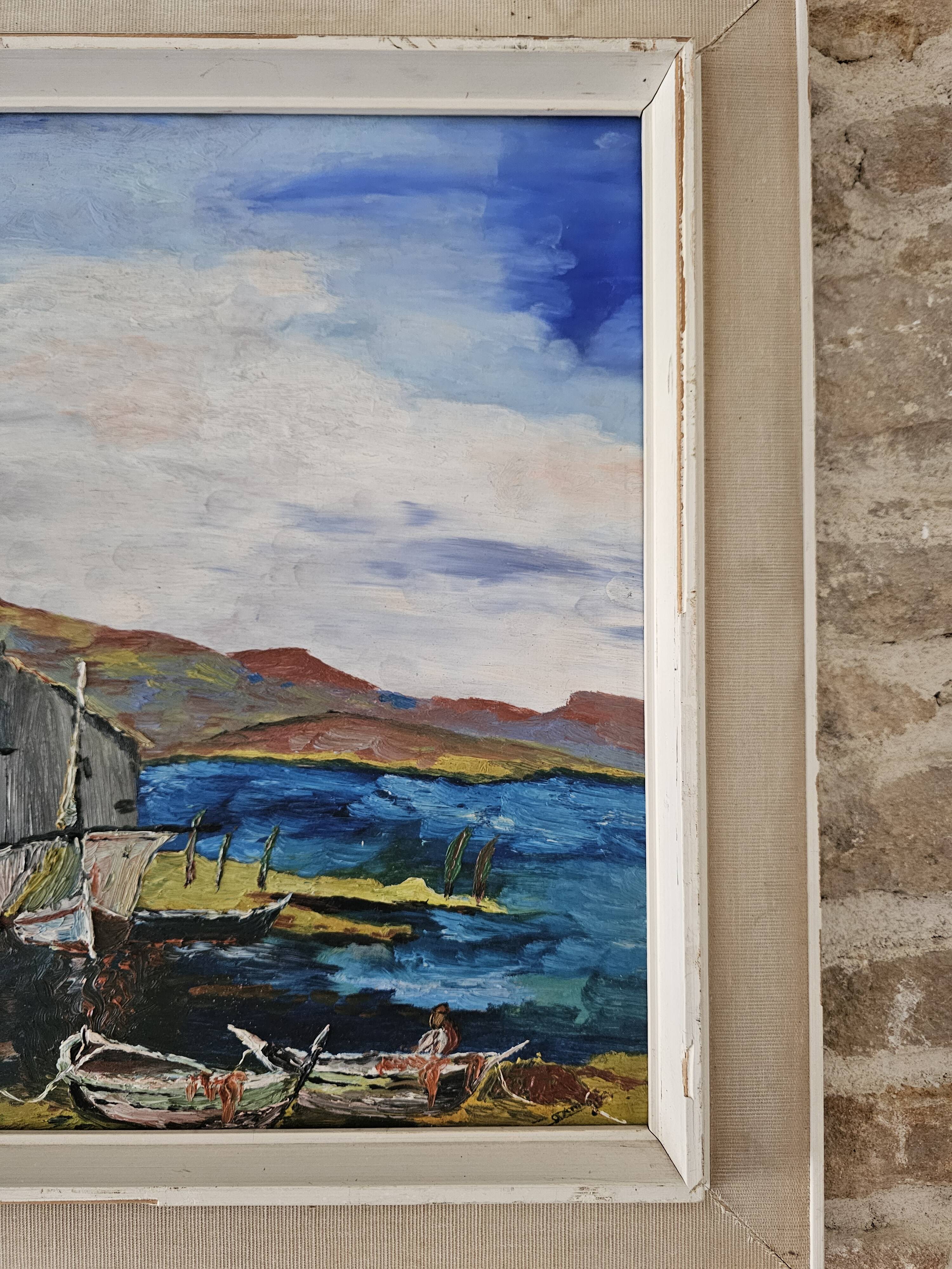 Oil painting on Isorel Marine Port Les Martigues signed (to be identified)