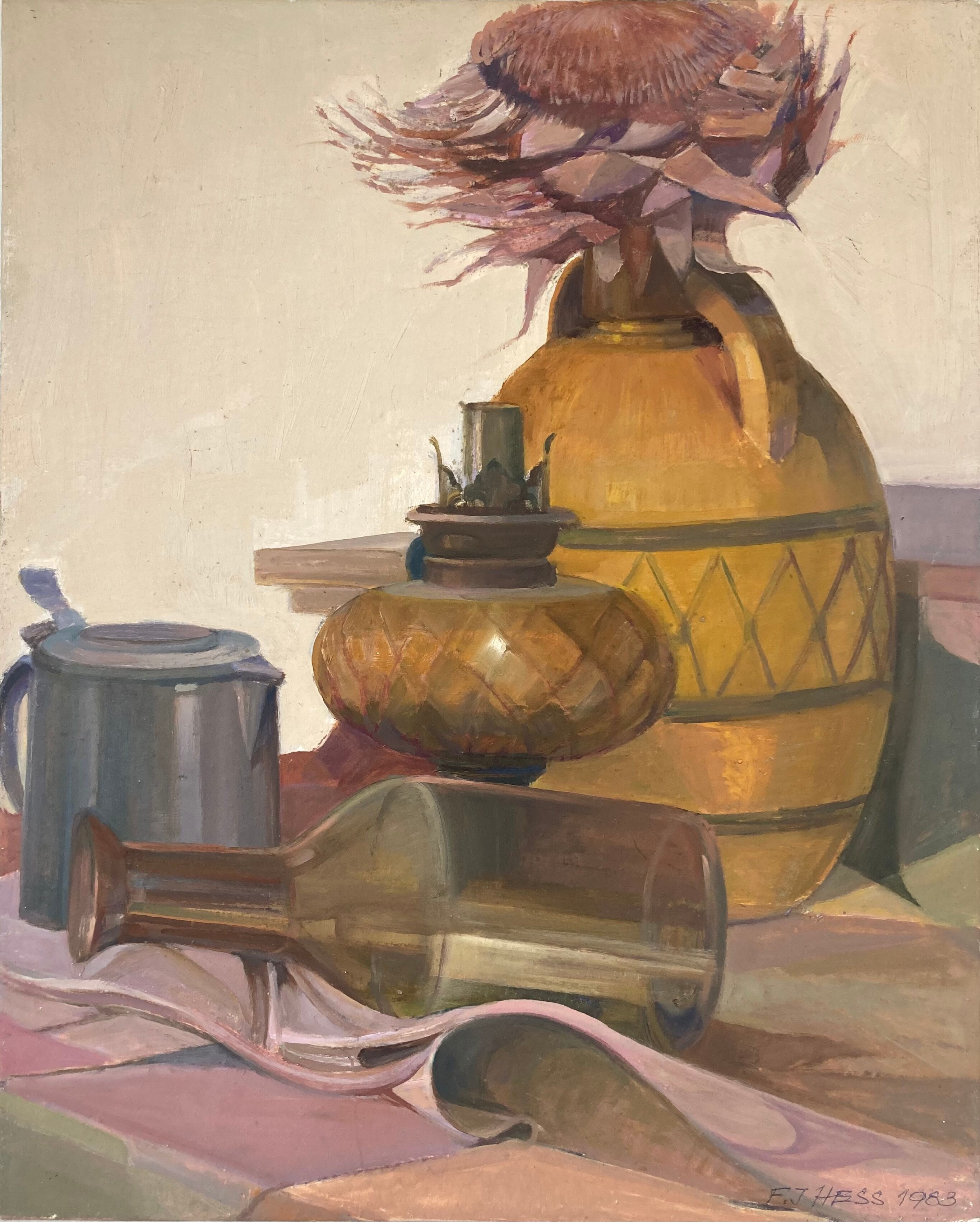 Nature morte au tournesol et à la lampe à pétrole, acrylique sur carton toilé signée "f.j hess"