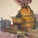 Nature morte au tournesol et à la lampe à pétrole, acrylique sur carton toilé signée "f.j hess"