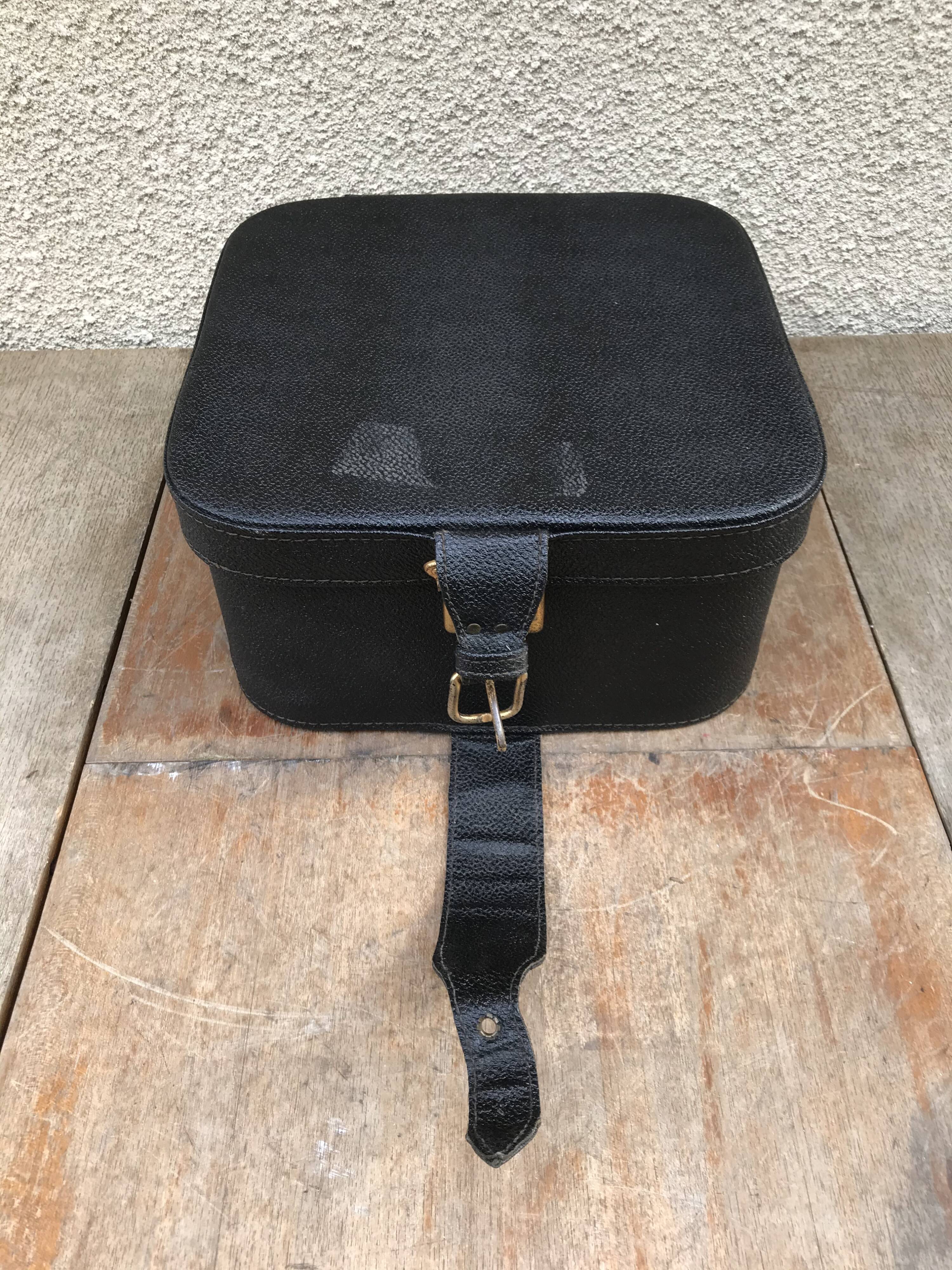 Black leather hat box