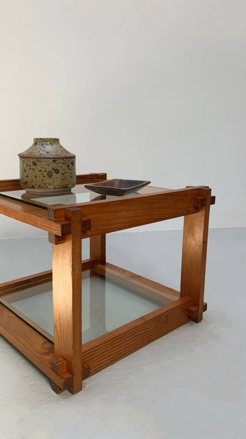 Small glass and pine side table, 1970s