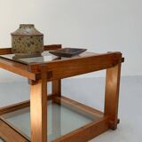 Small glass and pine side table, 1970s