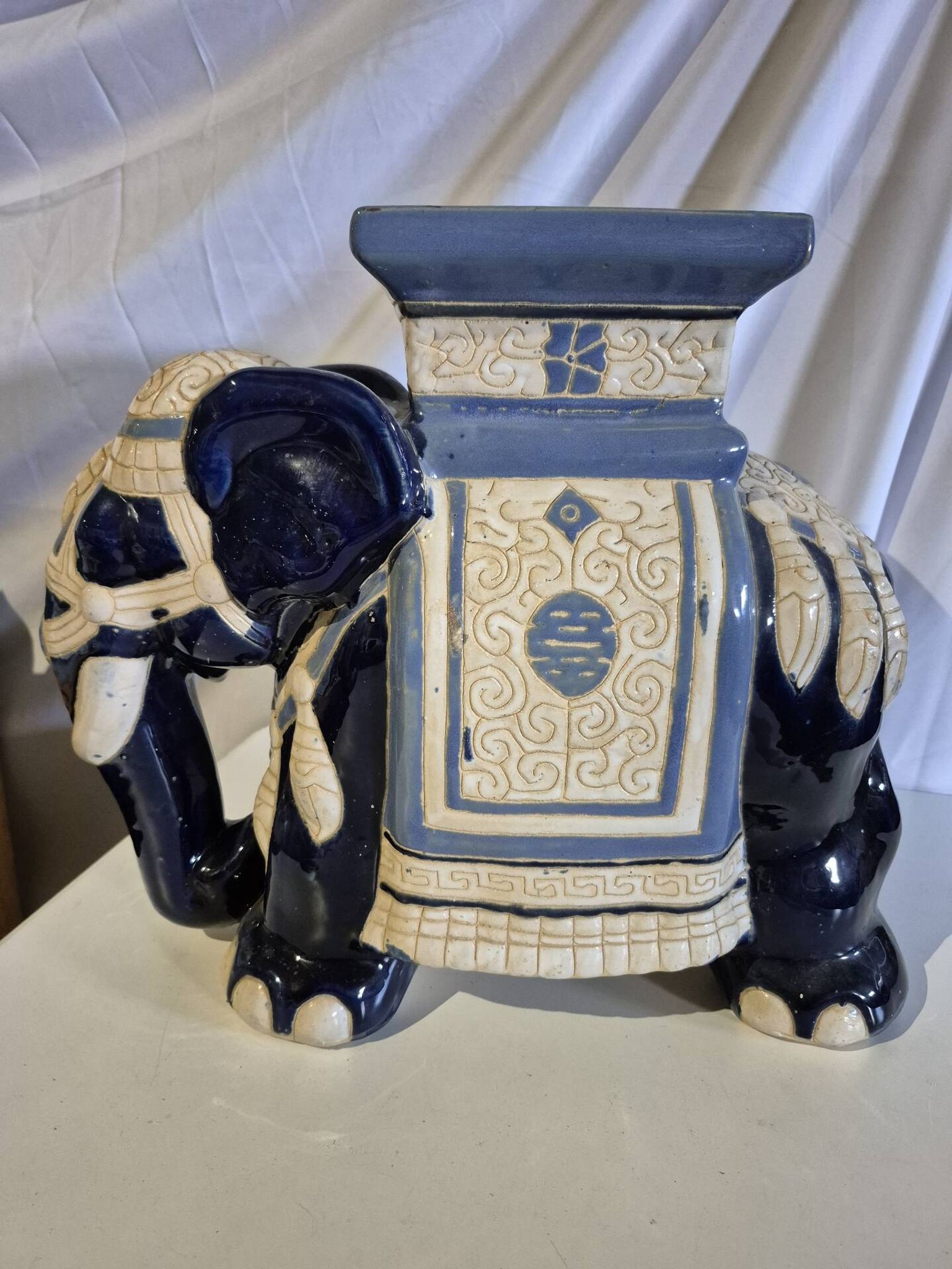 Support de plante en céramique XL 43 cm Éléphant bleu blanc