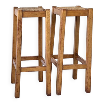 Paire de tabourets hauts en bois massif et paille tressée Style Brutaliste