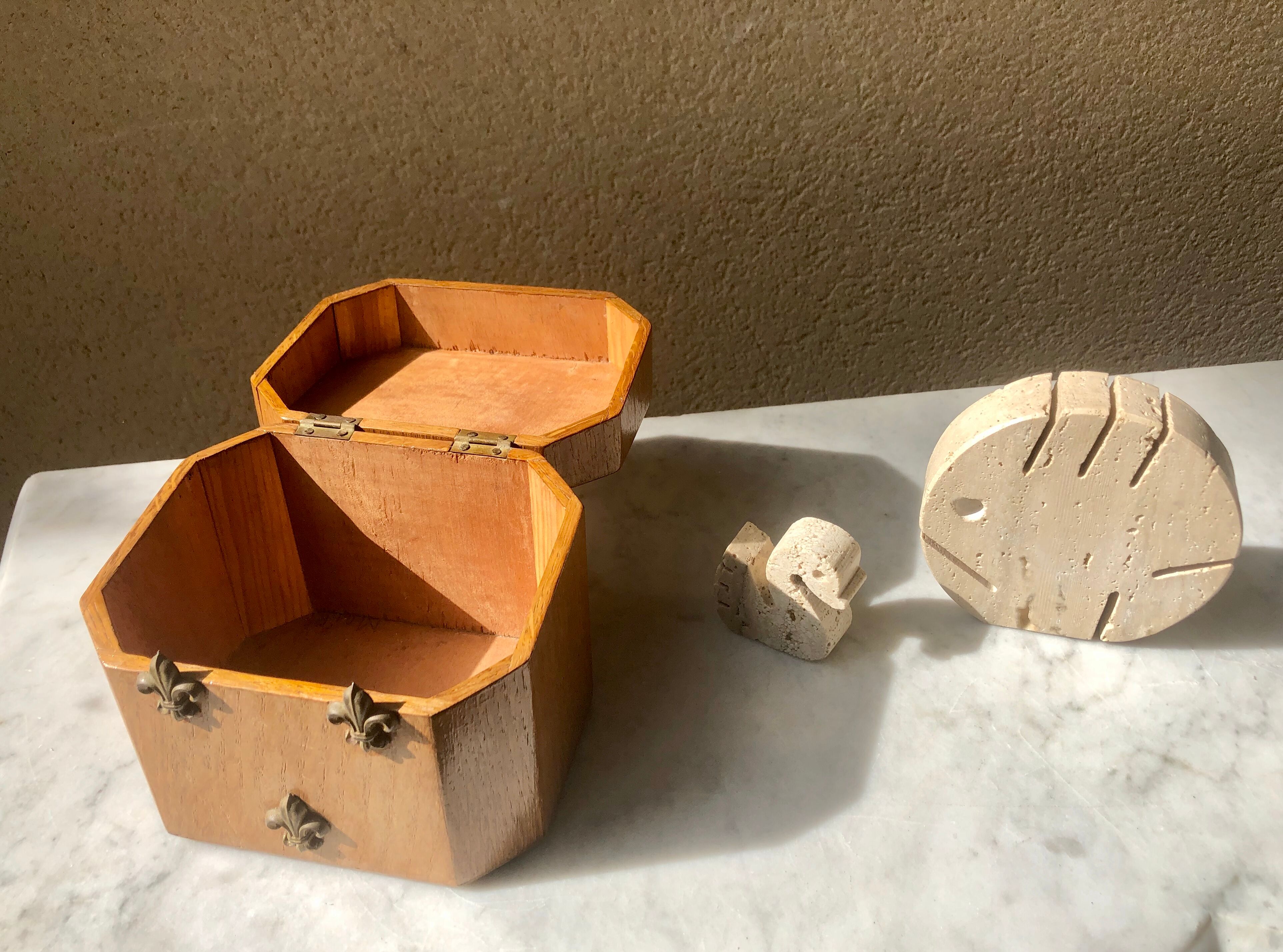 Jewelry box french craft work vintage 60 oak blond lily flower