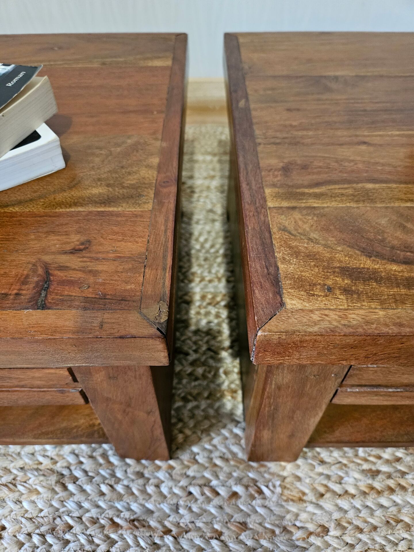 Pair of handcrafted walnut bedside tables from the 20th century.