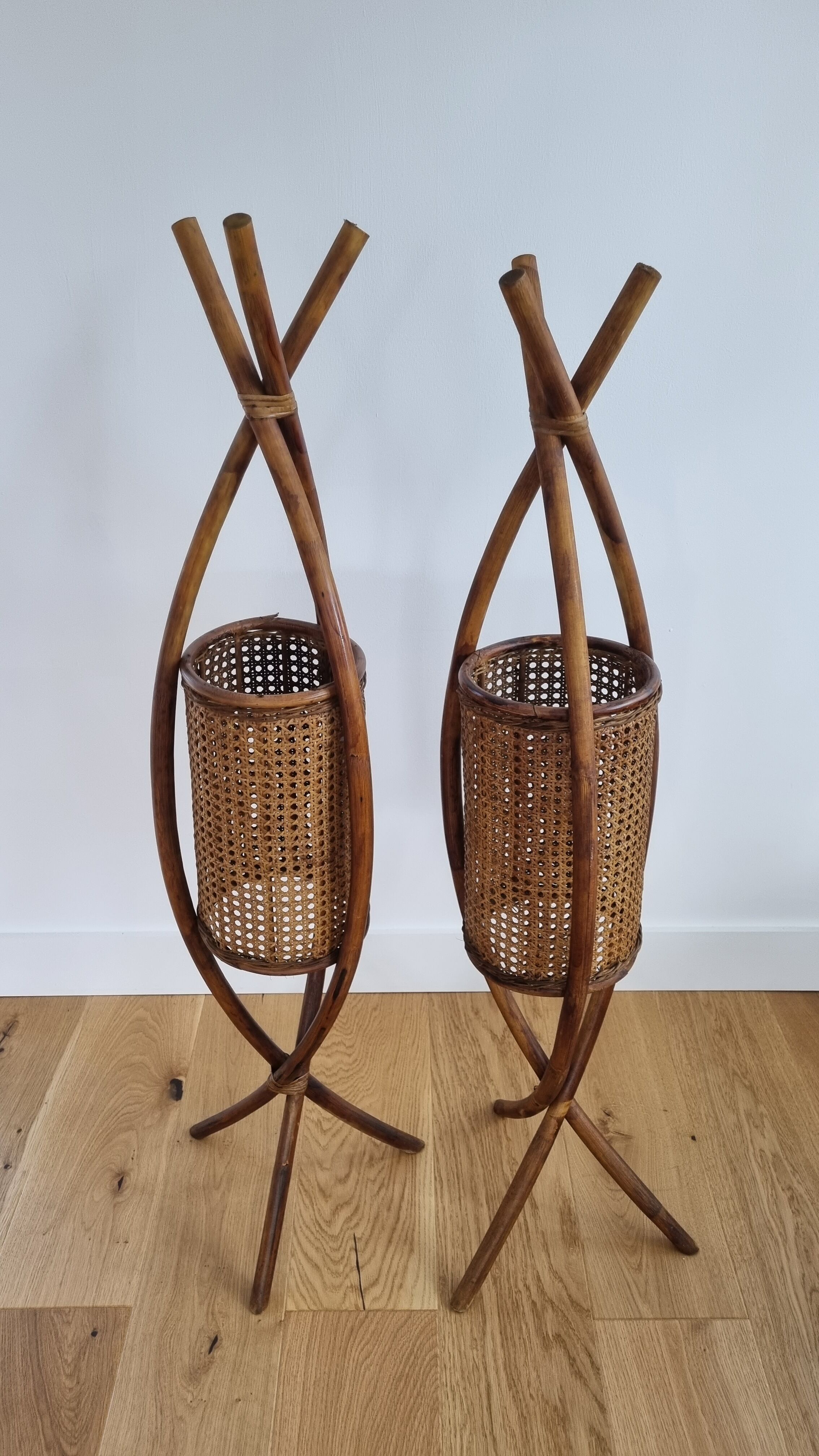 Pair vintage rattan lanterns