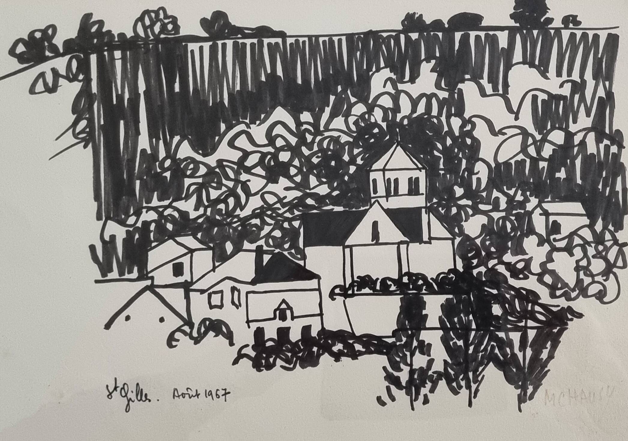Encre moderniste, encre noire sur papier 1967, St Gilles, signée 39 x 31 cm