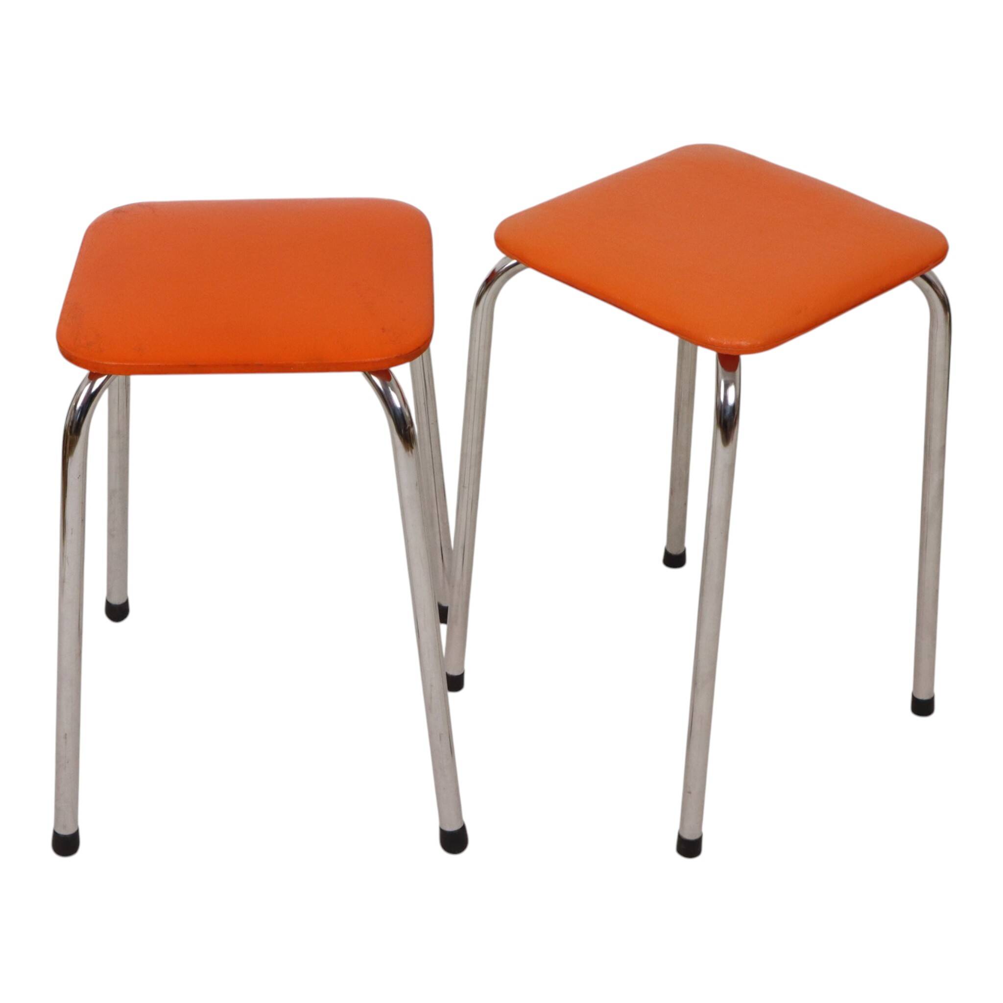 Set of 2 Stools Orange Faux Leather Chrome Base Sixties