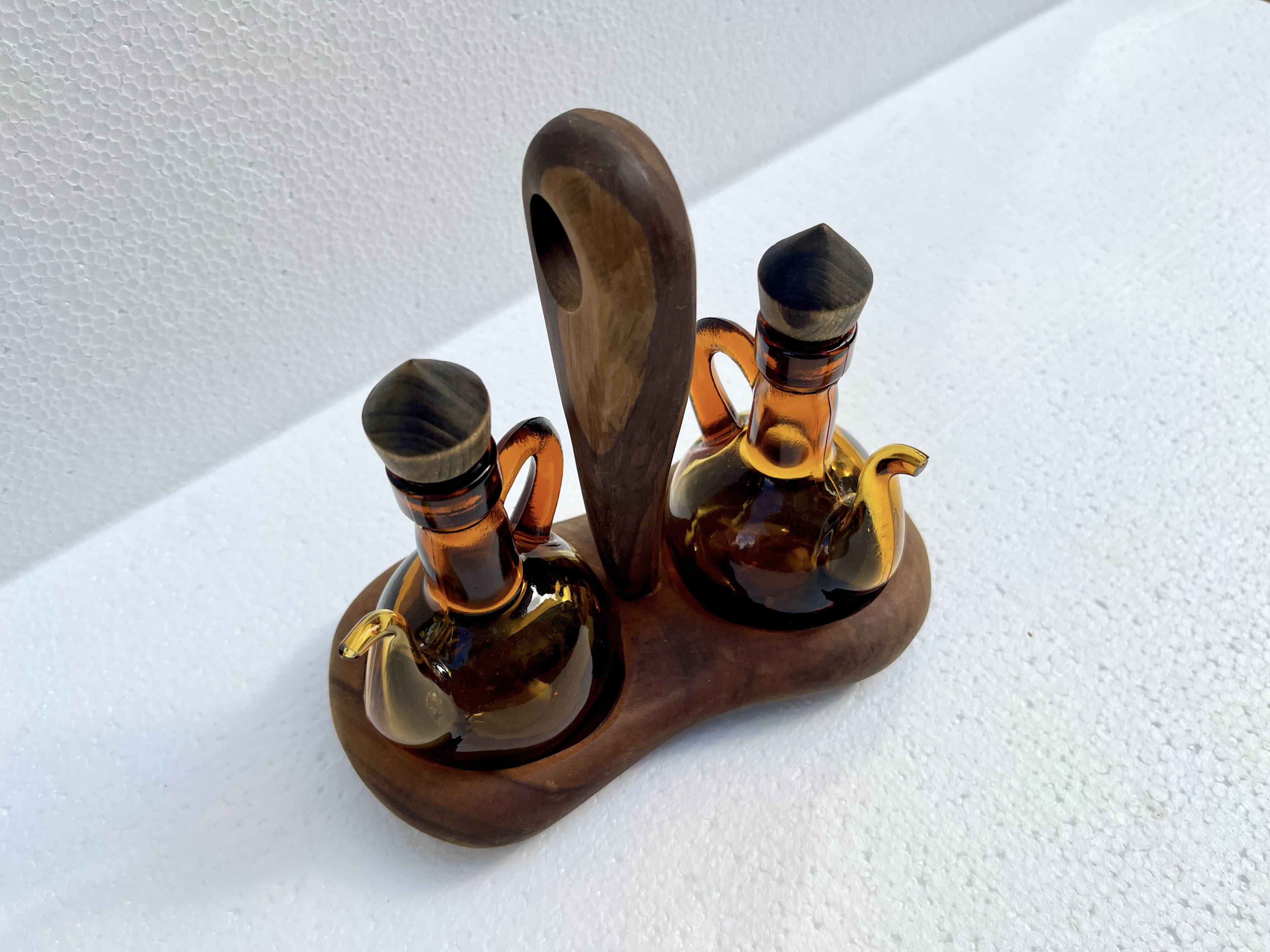 Oil and vinegar server amber glass and olive wood