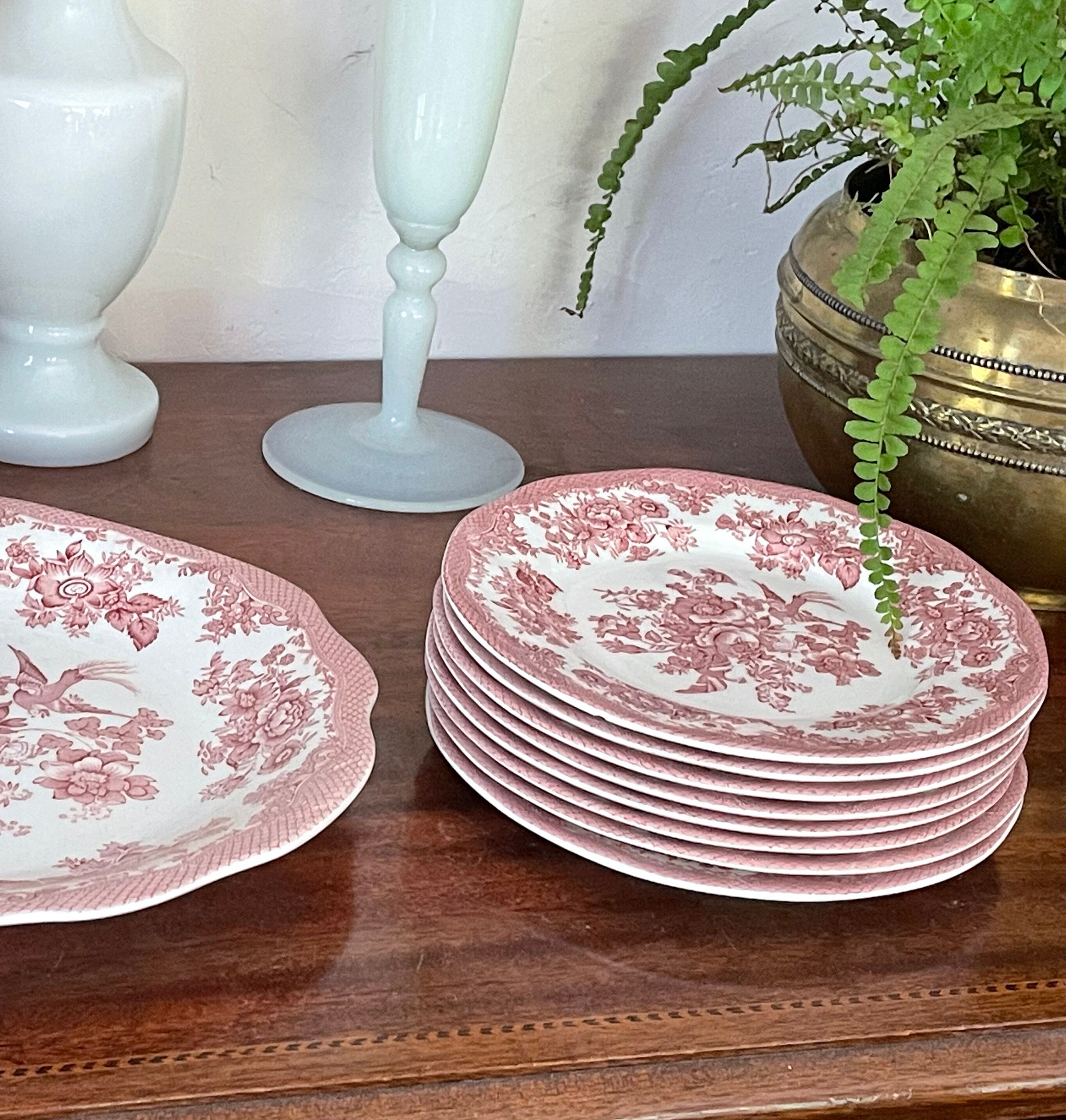 Lot de 8 assiettes faïence Wedgwood modèle faisan asiatique rose