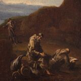 Antique Genoese painting from the 18th century, monks praying in a cave