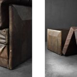 Vintage Mid-Century Modern German Brutalist 2-Seater Brown Leather Bed Sofa