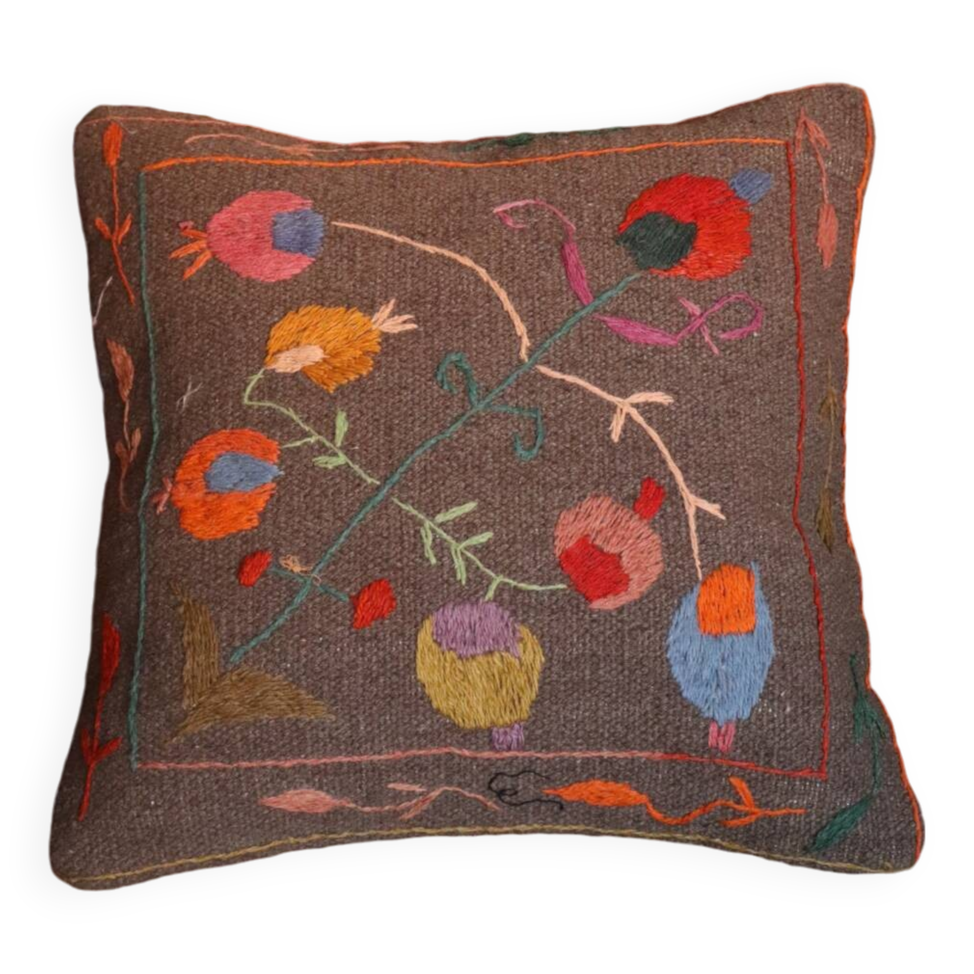 Colorful Suzani cushion in handmade embroidered wool
