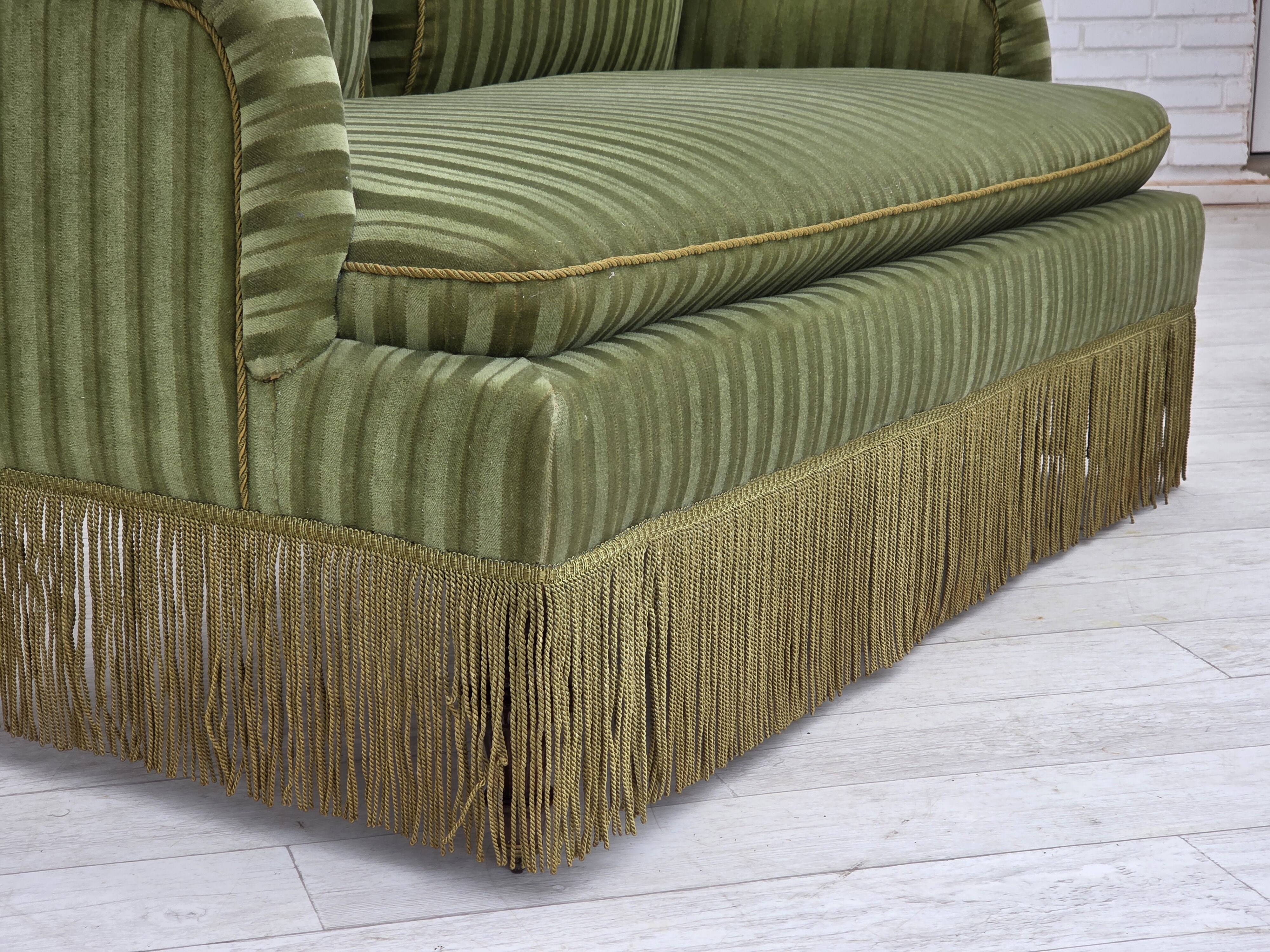 1950s, Danish 2-seater sofa, green furniture velour, beech wood.