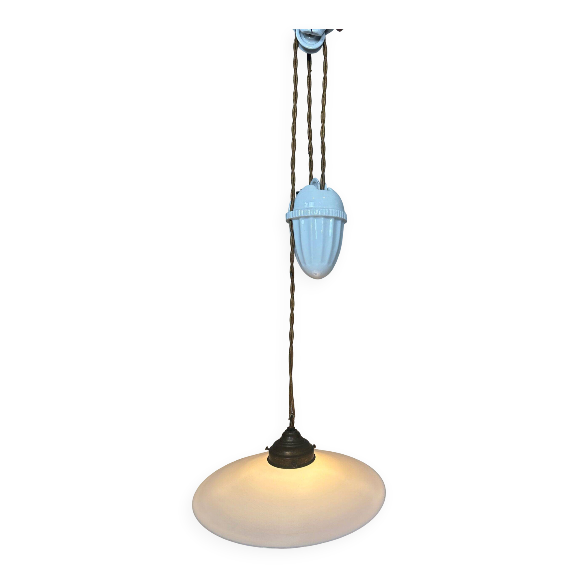 Antique adjustable pendant lamp – opaline and porcelain