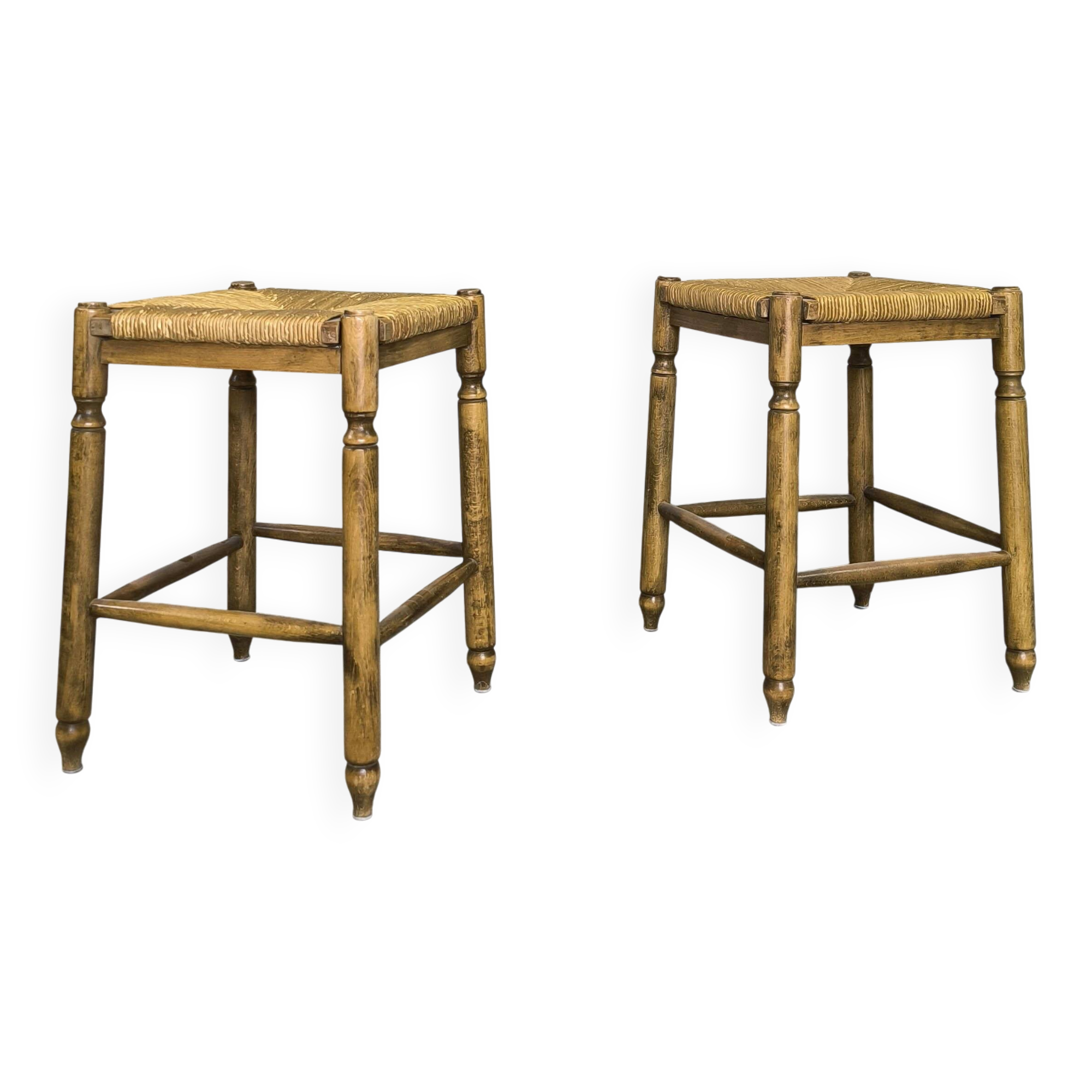 Paire de tabourets vintage en bois et paille