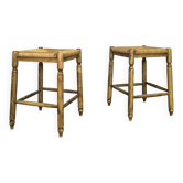 Paire de tabourets vintage en bois et paille