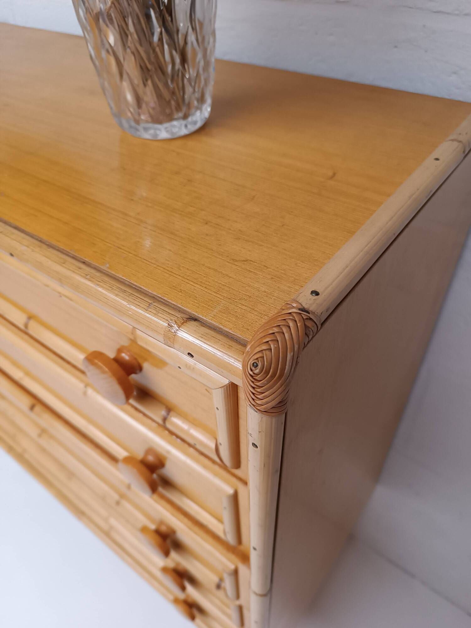 Bamboo and rattan wood chest of drawers from the 60s