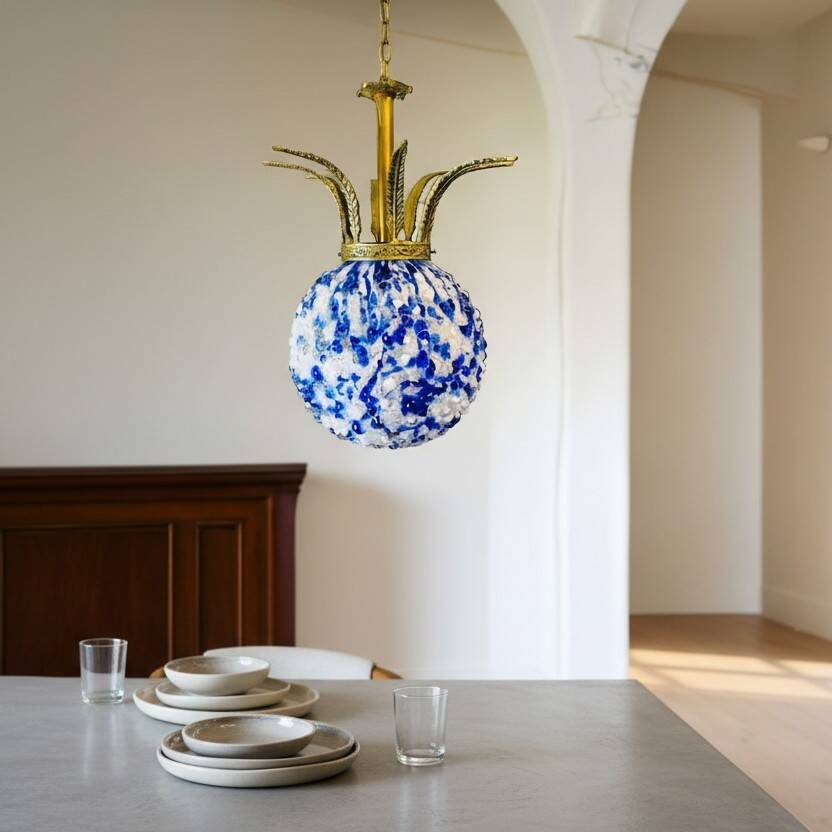 Large Portuguese blue glass crowned chandelier