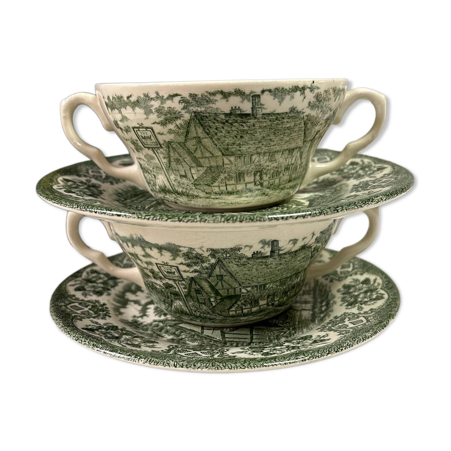 Ensemble de 2 bols à bouillon et soucoupes verts ironstone England