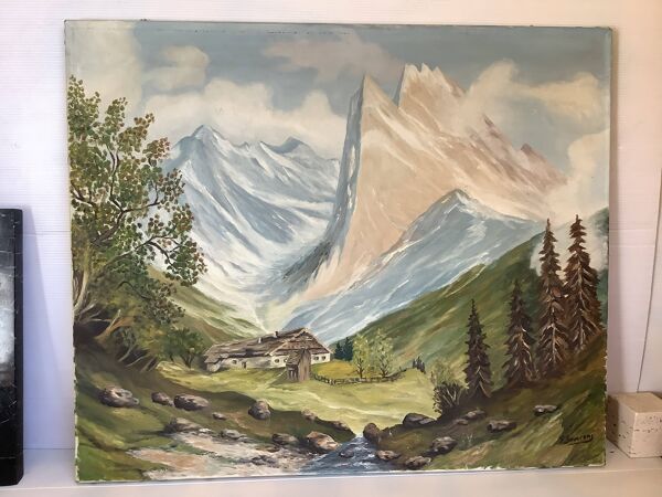 Grand tableau paysage de montagne huile sur toile signée