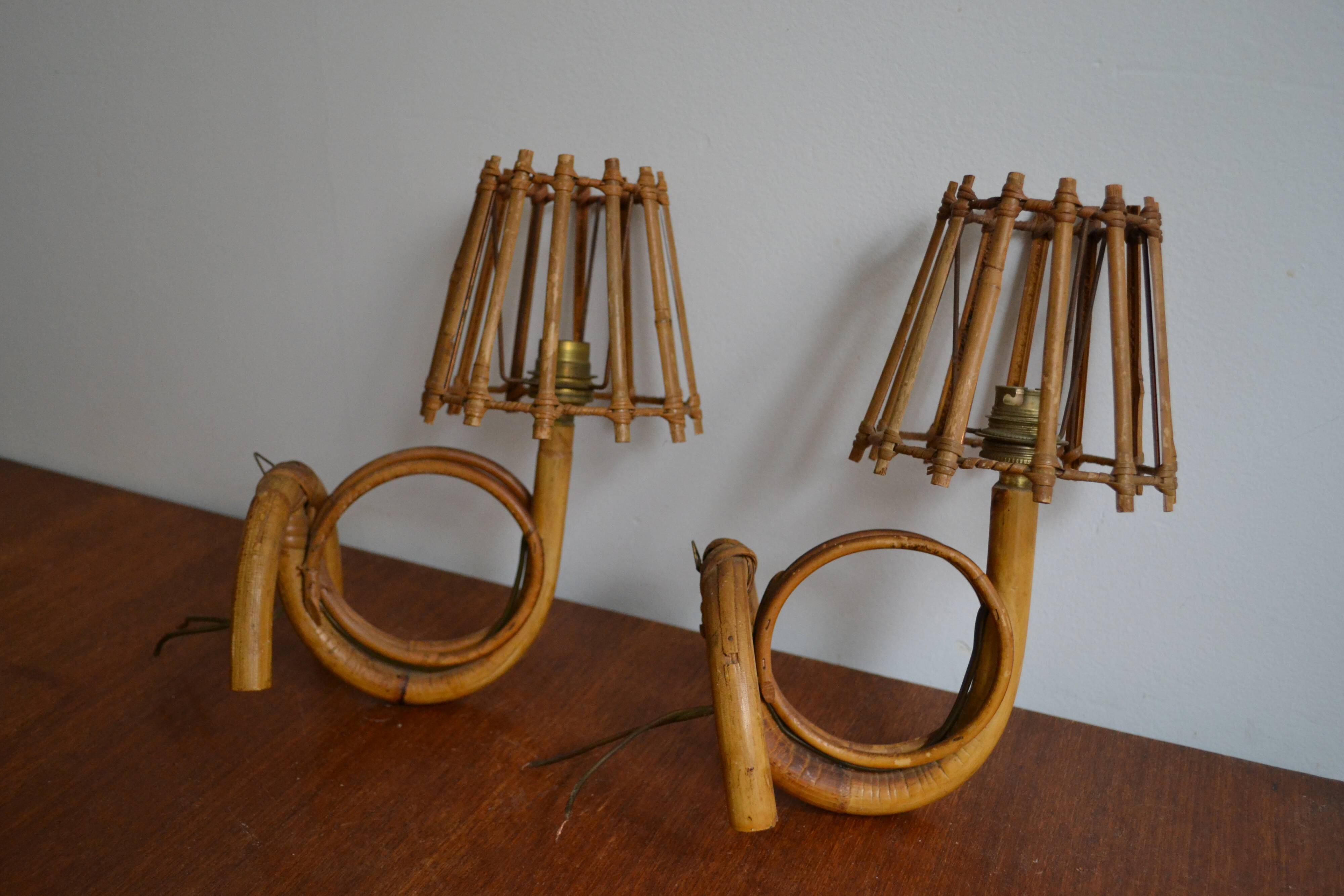 Pair of rattan wall lamps 70s Louis Sognot