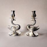 Pair of art deco swan candlesticks in alpaca, Spain, 1970