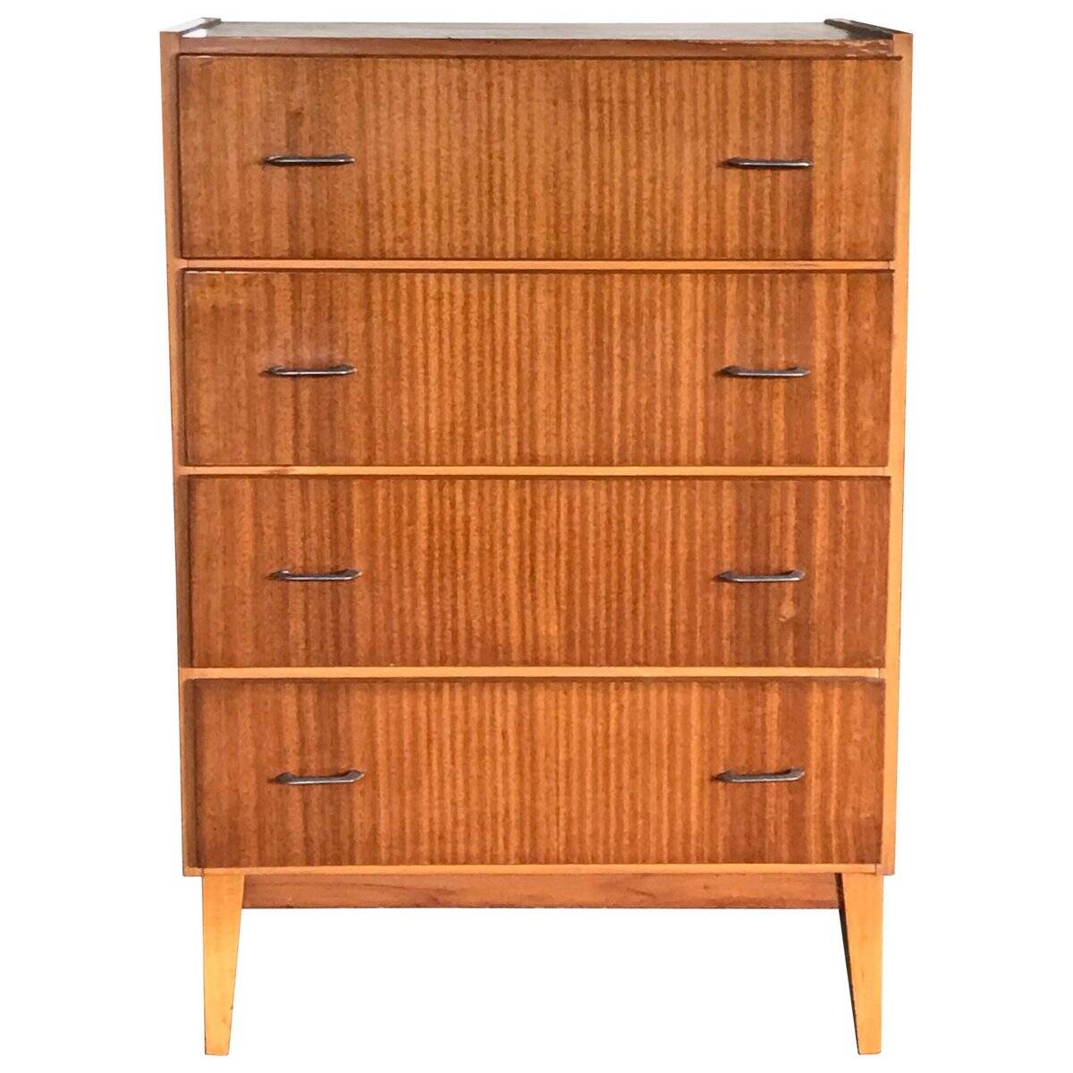 Vintage Scandinavian brown wooden chest of drawers with iron handles and 4 drawers, 1960s.