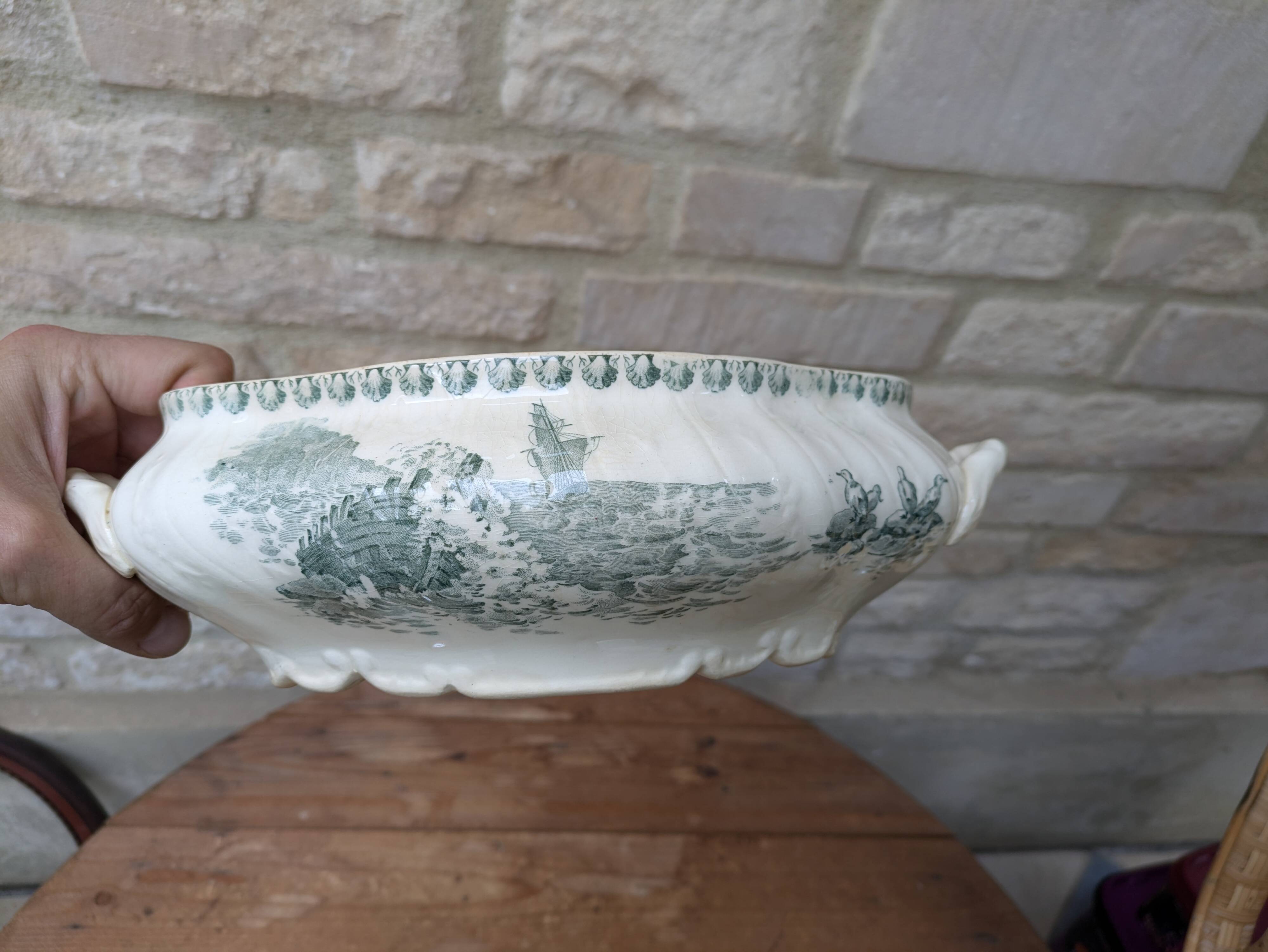 Old vegetable dish serving dish Terre de Fer Opaque porcelain from Gien Ocean model