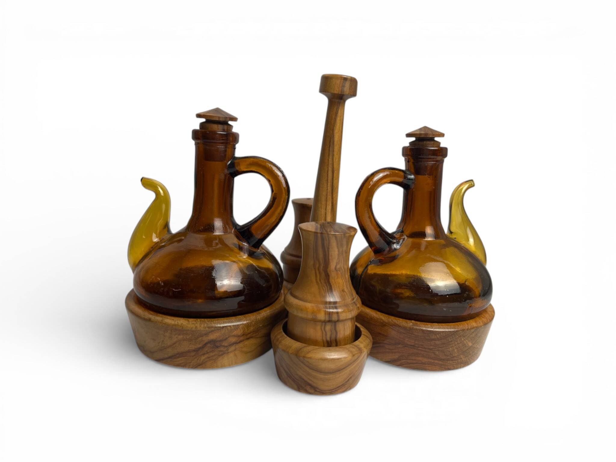 Vintage oil and vinegar server, Biot, olive wood, 20th century.