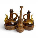 Vintage oil and vinegar server, Biot, olive wood, 20th century.