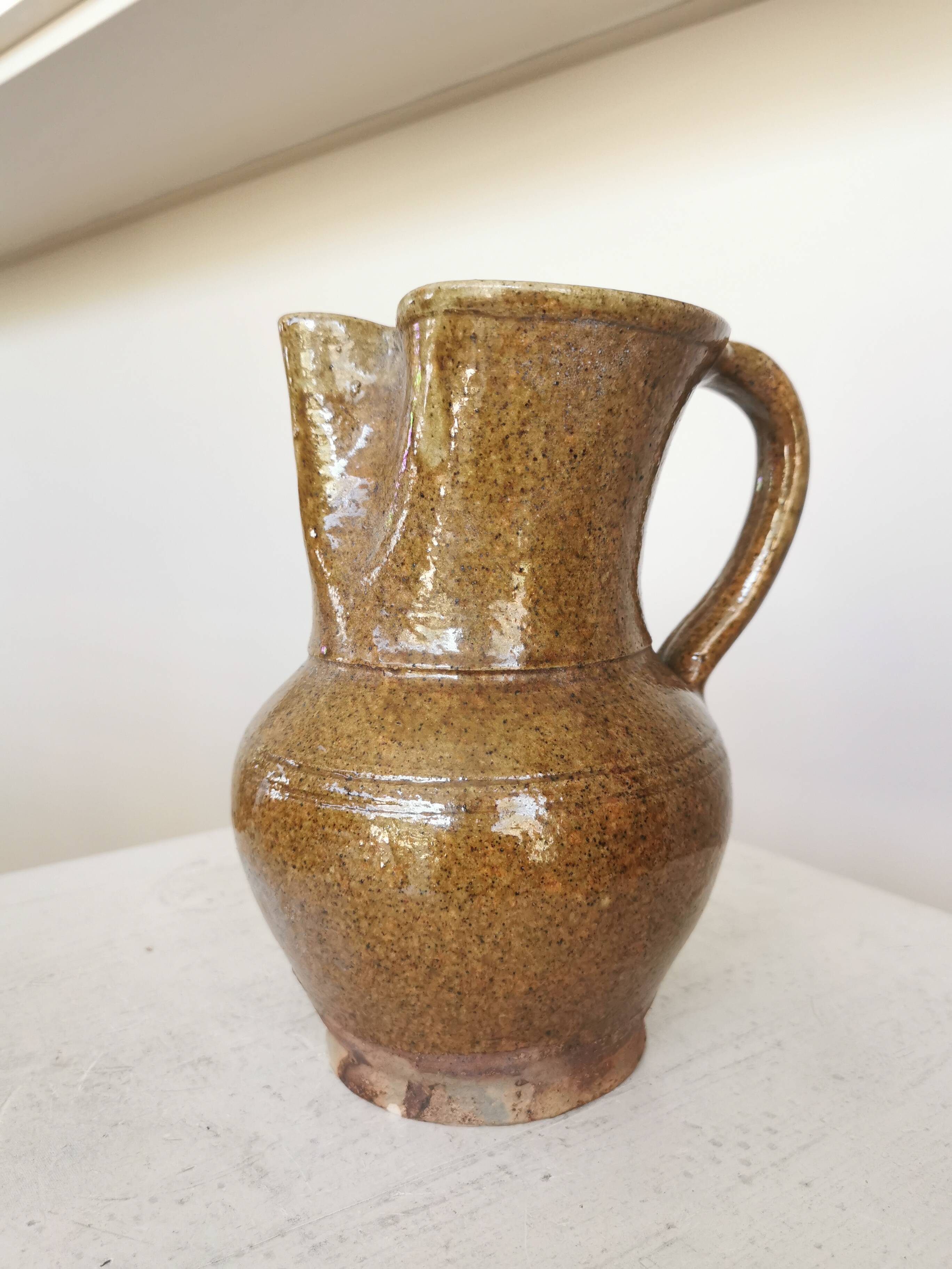 Vintage Studio Pottery Owl Pitcher: Speckled Glaze Stoneware Vase