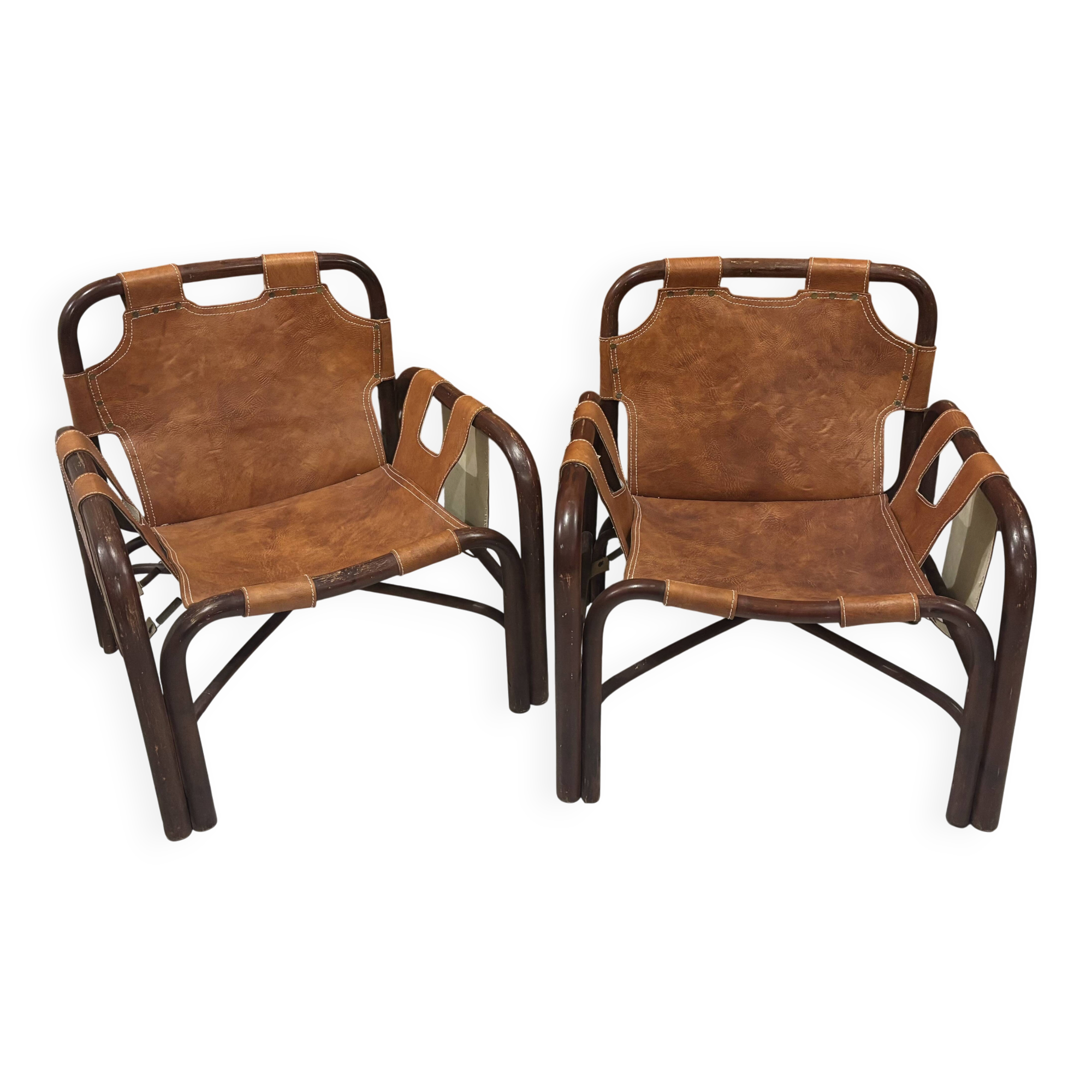 Paire de fauteuils en cuir et bambou Tito Agnoli