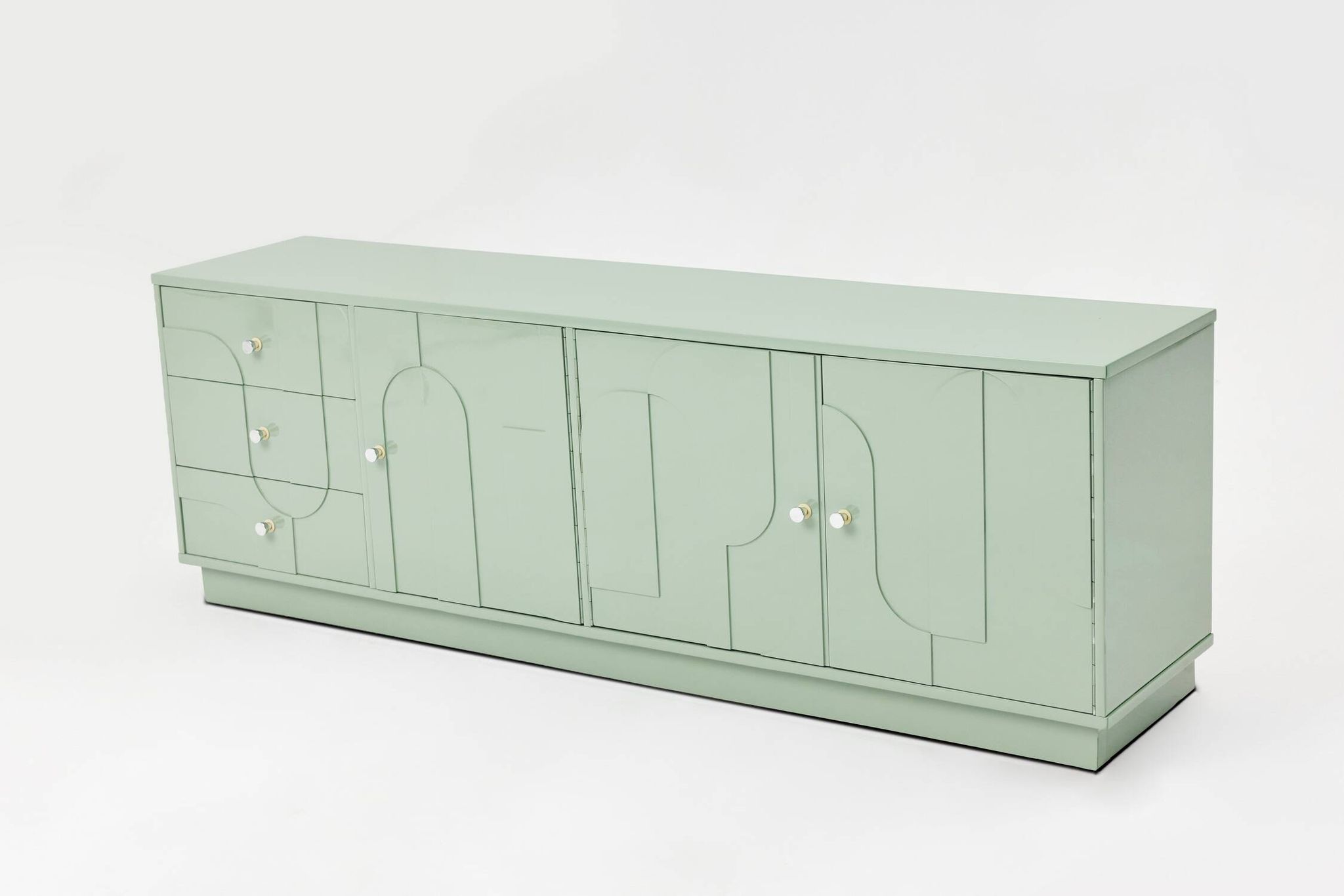 1970s Vintage Sideboard, Pastel Green, Relief, High-Gloss Finish, Chrome