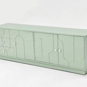 1970s Vintage Sideboard, Pastel Green, Relief, High-Gloss Finish, Chrome