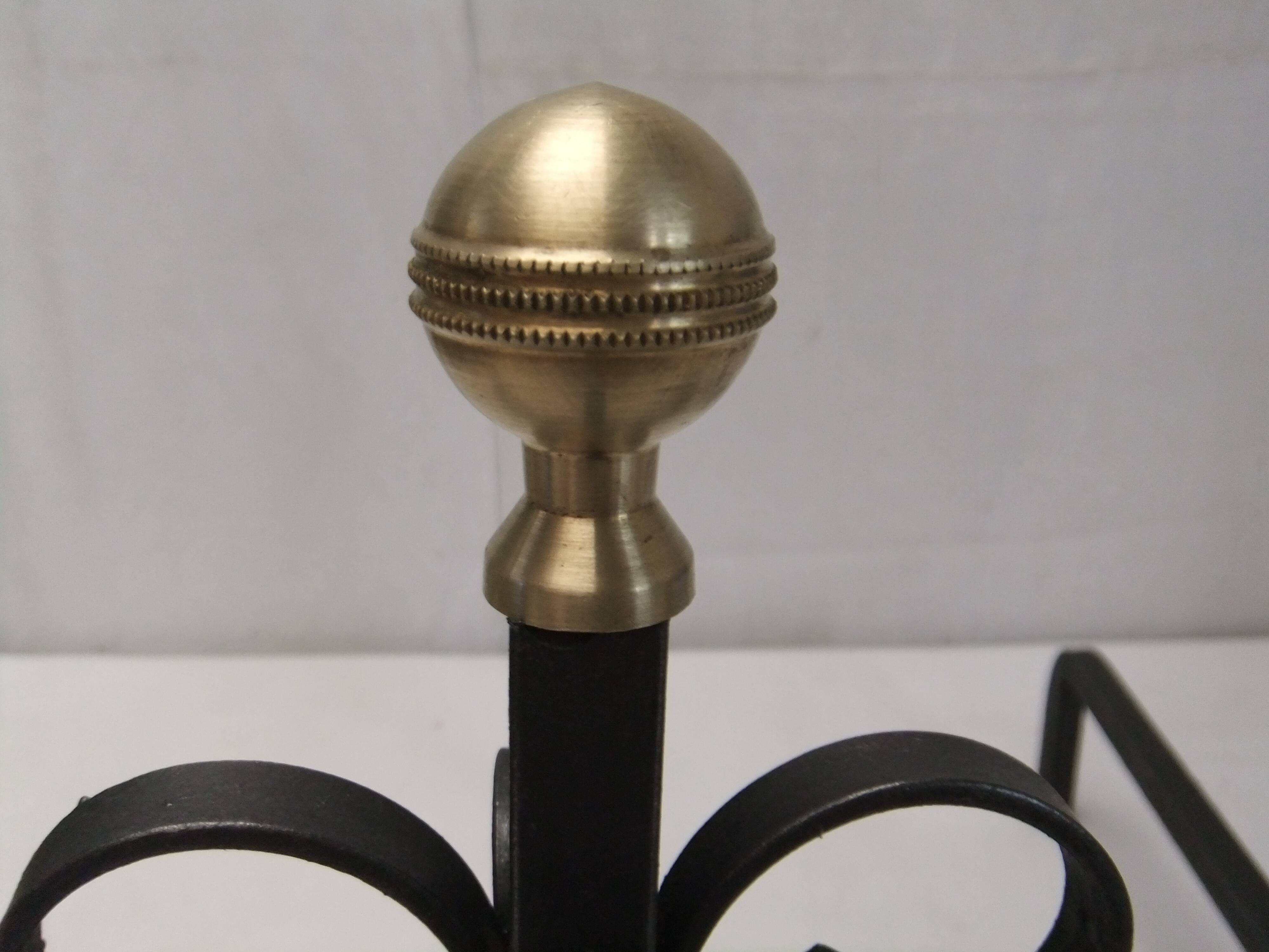 Antique pair of cast iron andirons wrought iron and bronze fireplace accessory