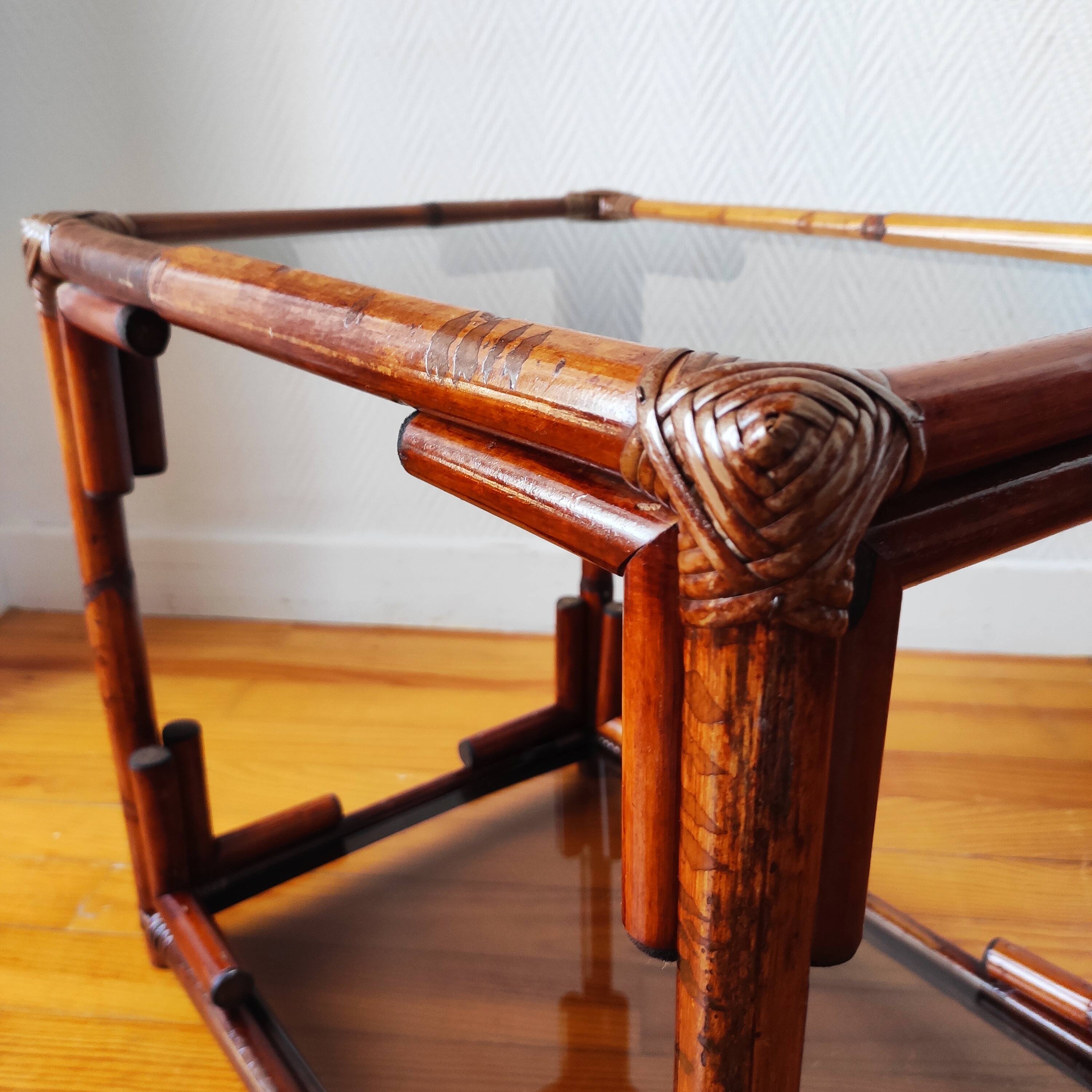 Pair of bedside tables - rattan smoked glass side tables vintage 70s-80s